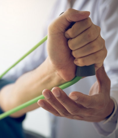 patient strengthening hand with resistance band